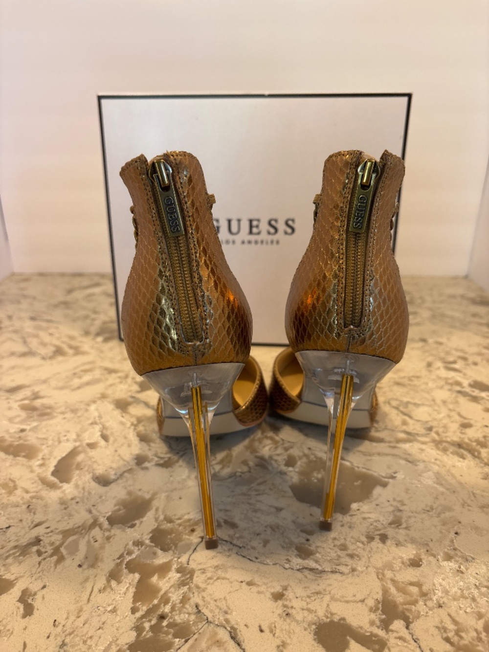 EUC Guess Women’s Stefany Heels Bronze Snake Print Chain Link Ankle 10 M - Picture 3 of 6